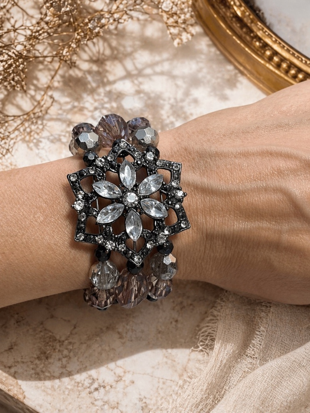 Y2K Large Crystal Gem Cuff with transparent beads, metal wire base stretch